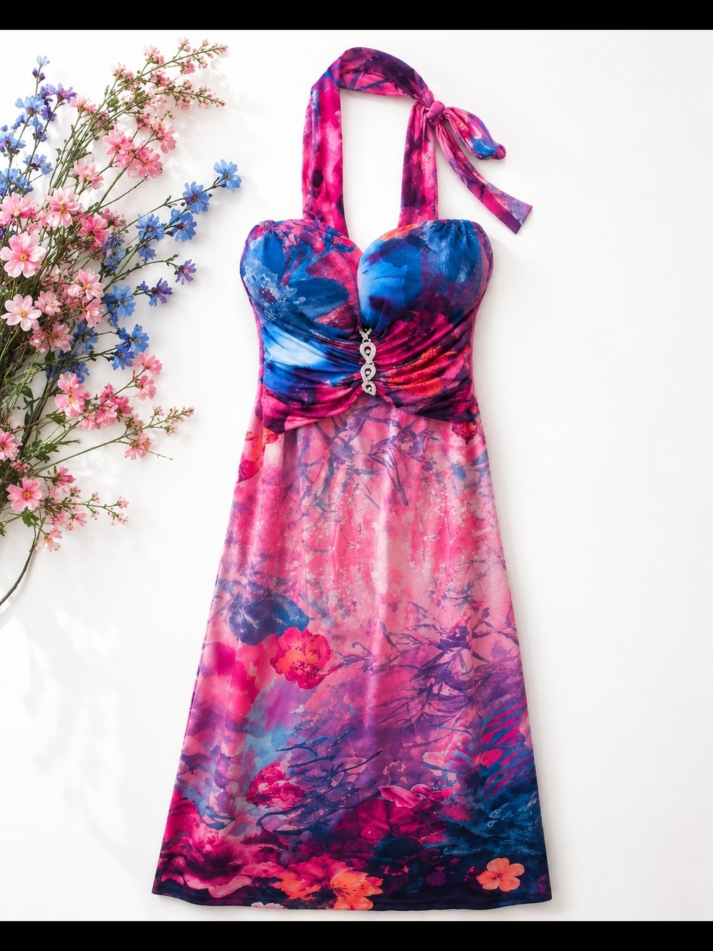 Geo London Floral Halter Maxi Formal Dress Rhinestone XS